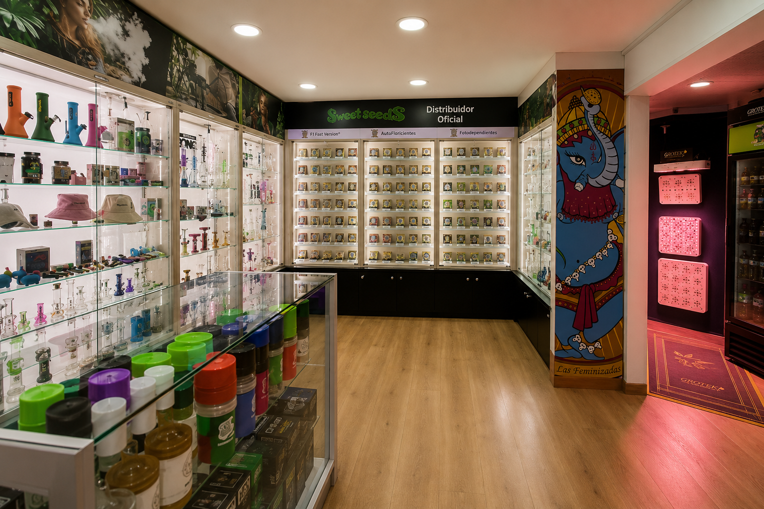 Interior típico de un growshop con equipos y productos de cultivo