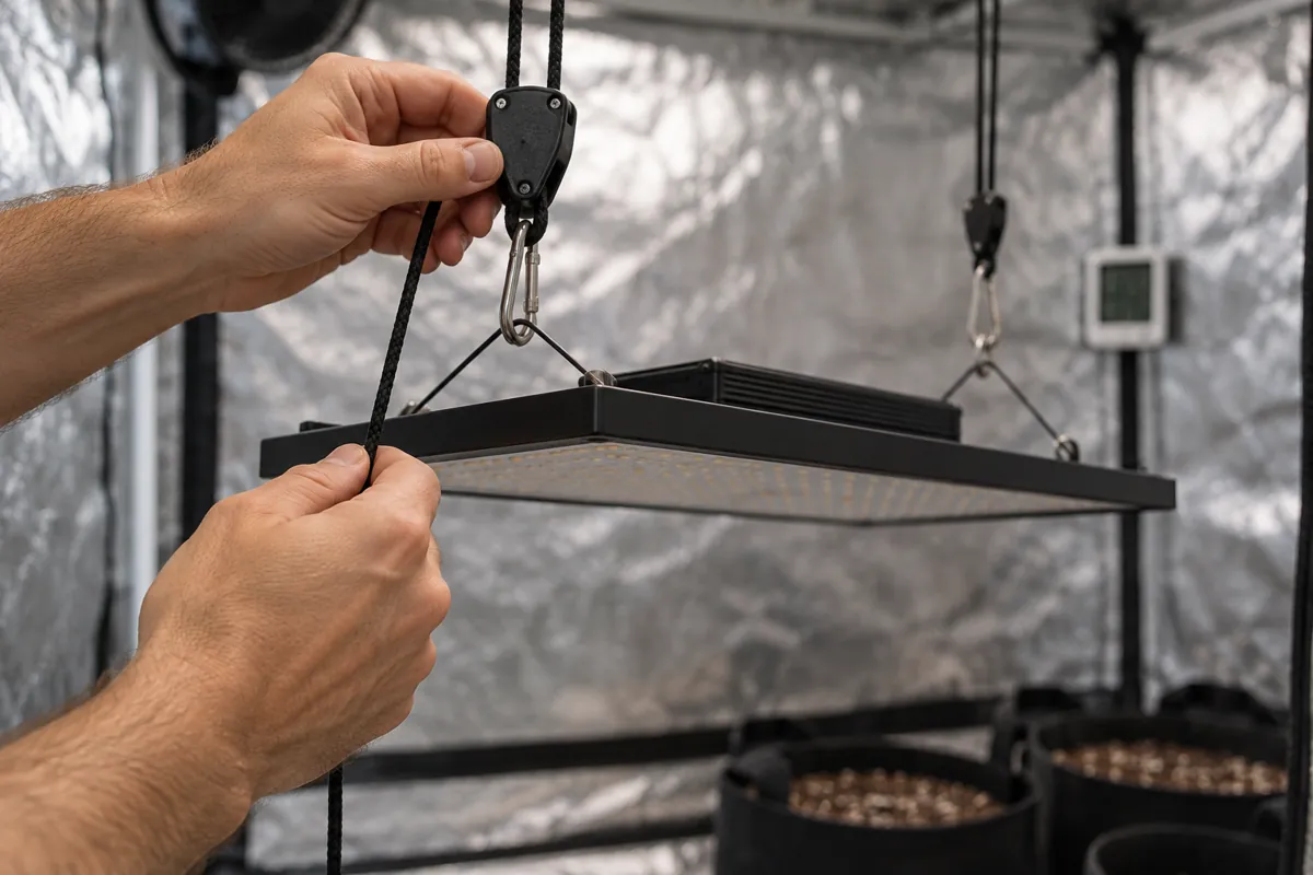Manos ajustando el cordón de una polea para regular la altura de un panel LED dentro de una carpa de cultivo