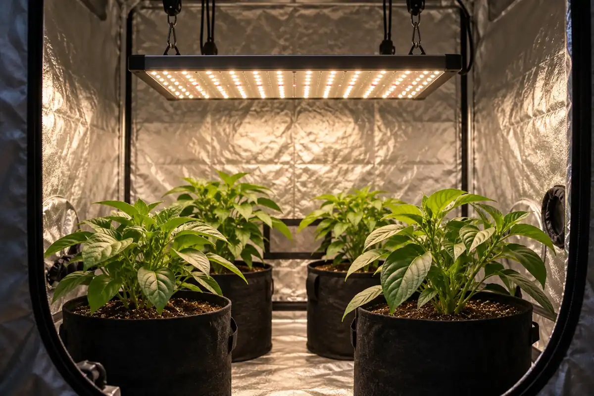 Panel LED de cultivo encendido colgado dentro de una carpa indoor con interior reflectante, sobre plantas jóvenes en macetas de tela
