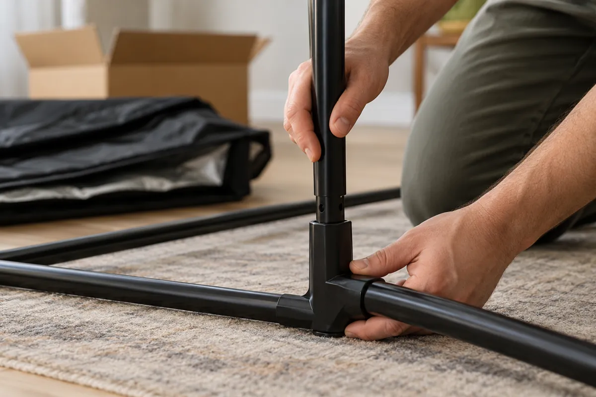 Manos armando la estructura de postes metálicos de una carpa de cultivo antes de ponerle la funda