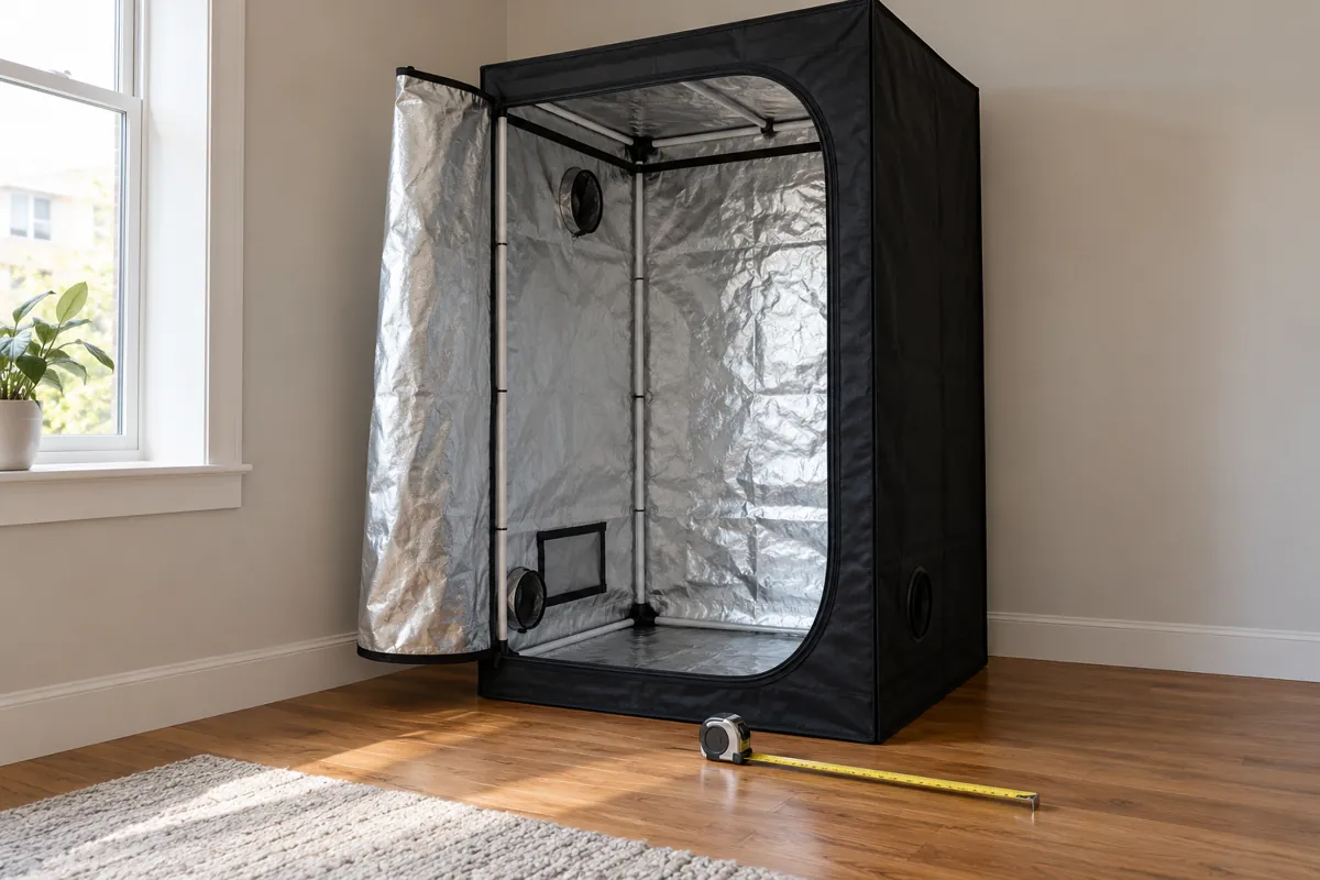 Carpa de cultivo indoor armada en el rincón de una habitación, con la puerta abierta y el interior reflectante a la vista