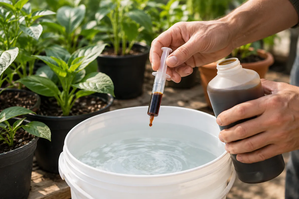 Manos midiendo fertilizante líquido con una jeringa dosificadora sobre un balde con agua, junto a plantas jóvenes en macetas