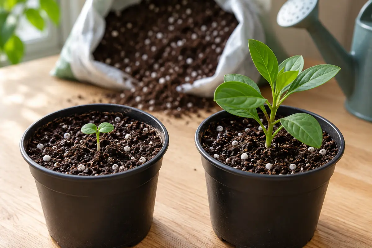 Dos macetas con sustrato oscuro de turba y perlita: una con una plántula recién nacida y otra con una planta joven más desarrollada
