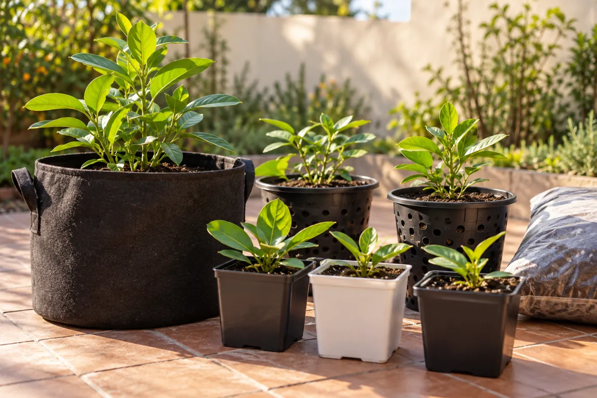 Macetas de tela negra, de plástico perforado y cuadradas, con plantas jóvenes en un patio soleado