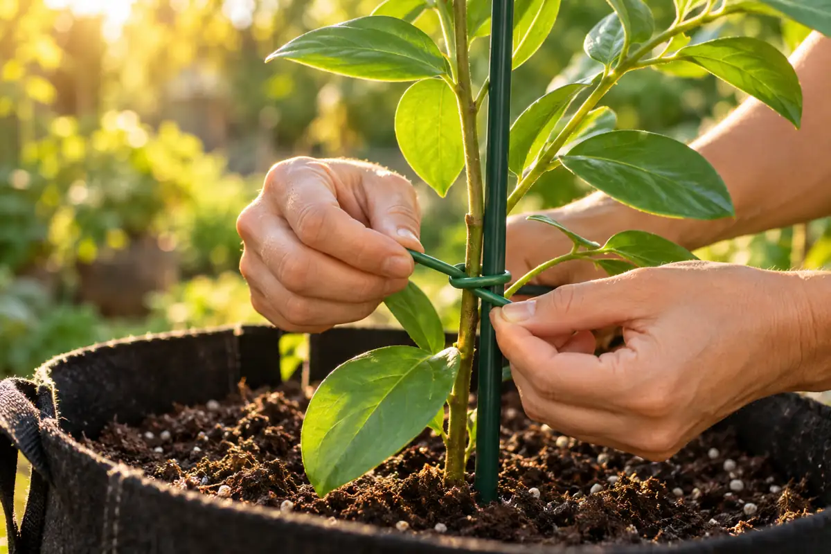 Manos amarrando el tallo de una planta joven a un tutor con una atadura flexible, en una maceta grande de tela al sol