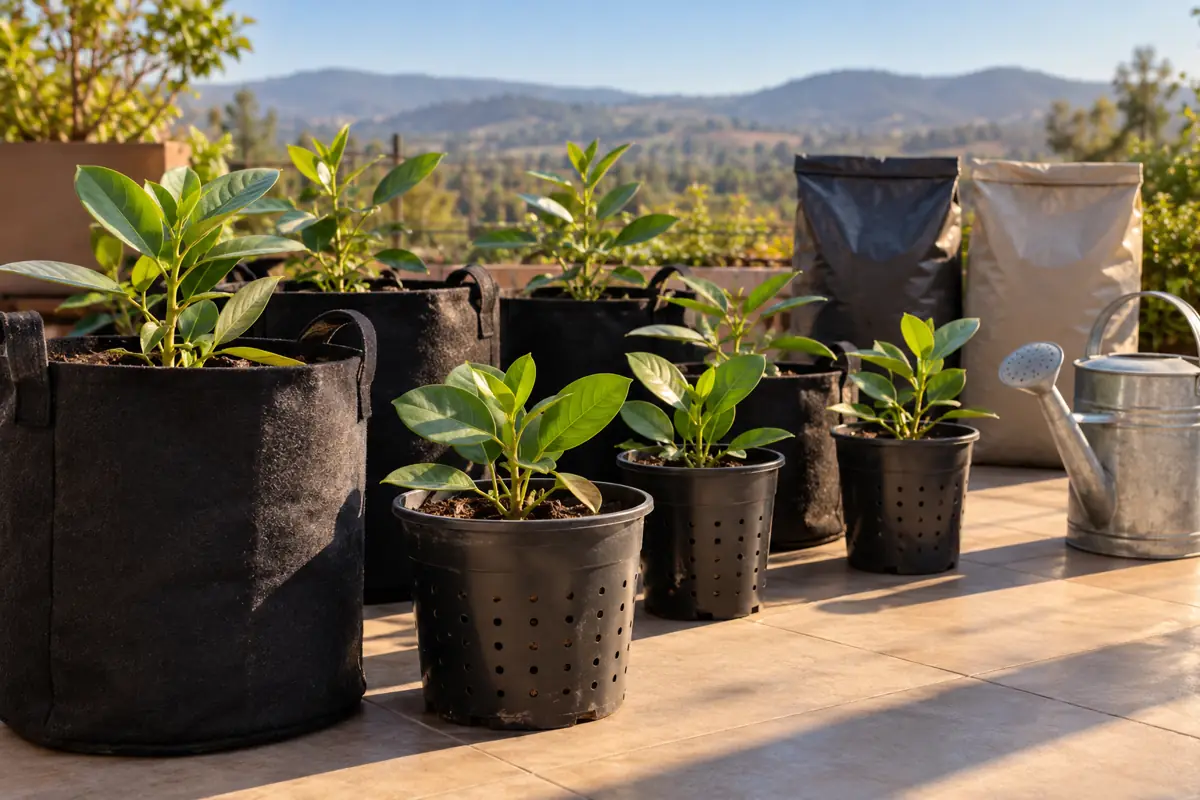 Plantas jóvenes en macetas grandes de tela y de plástico aireado sobre una terraza soleada de primavera
