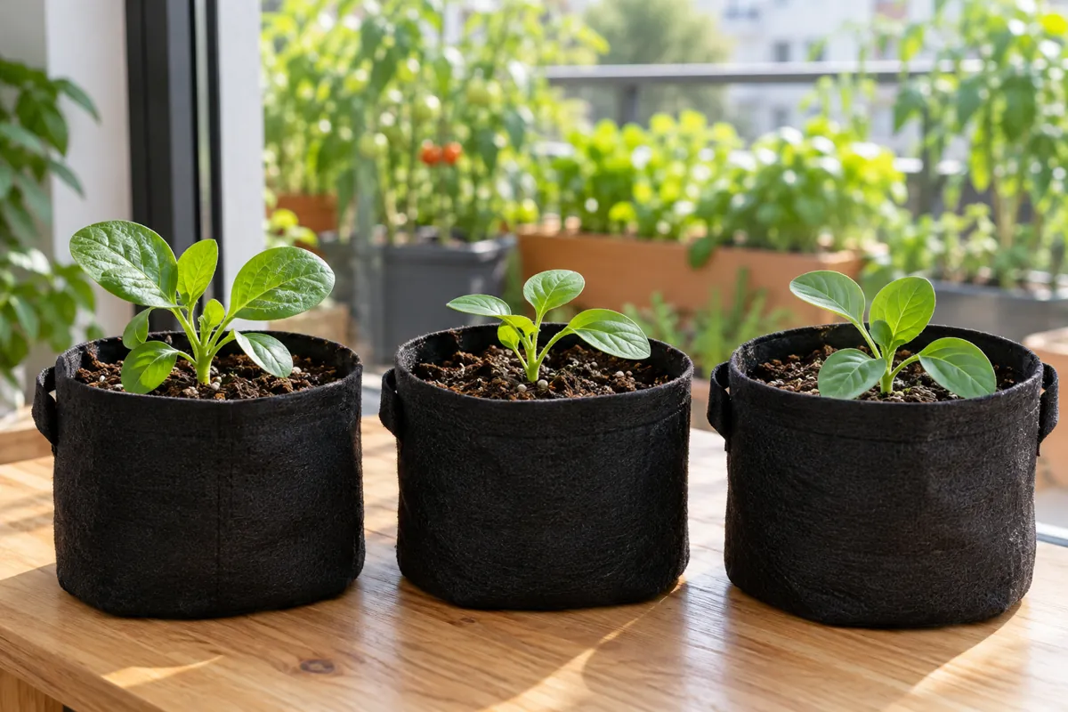 Tres macetas con plantines jóvenes en interior, exterior y balcón