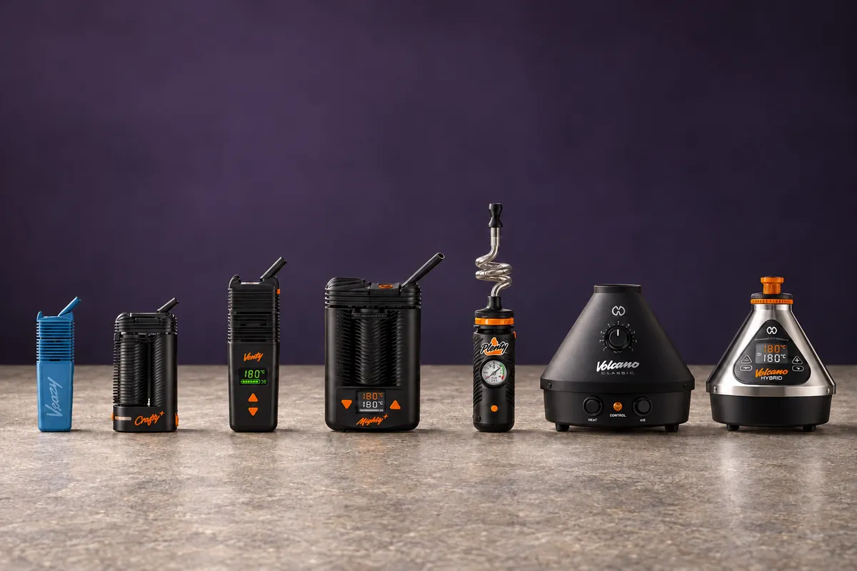 Los siete vaporizadores de Storz & Bickel en fila, del Veazy al Volcano Hybrid