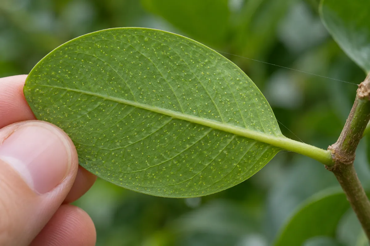 Revés de una hoja verde con punteado amarillo fino y una telaraña muy delgada entre el pecíolo y el tallo
