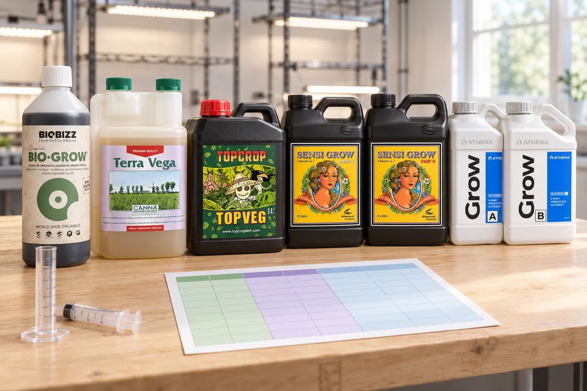 Botellas de fertilizante junto a una tabla de cultivo impresa y una probeta de medir