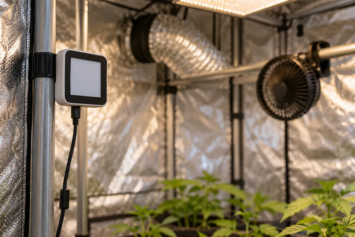 Termohigrómetro con sonda colgado dentro de una carpa de cultivo, junto a un ducto de extracción