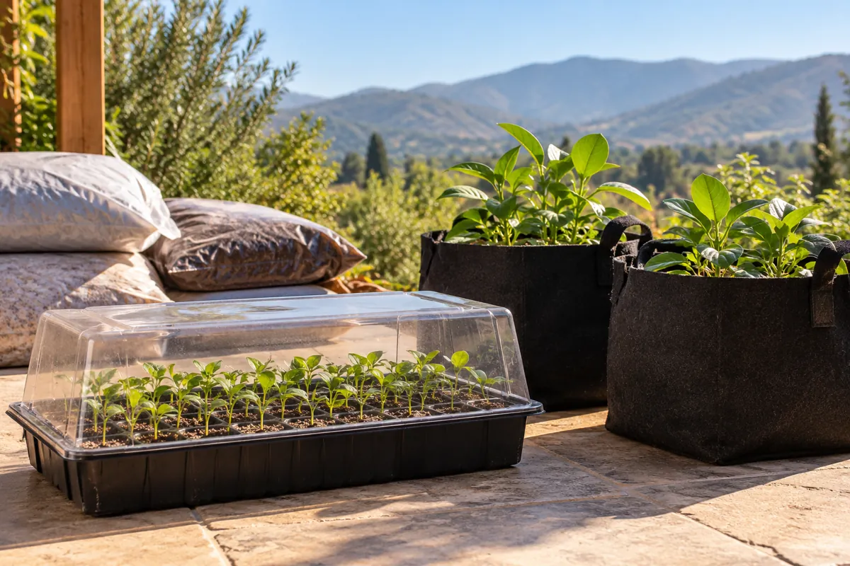 Bandeja propagadora con plántulas, macetas de tela con plantas jóvenes y sacos de sustrato en un patio soleado de primavera