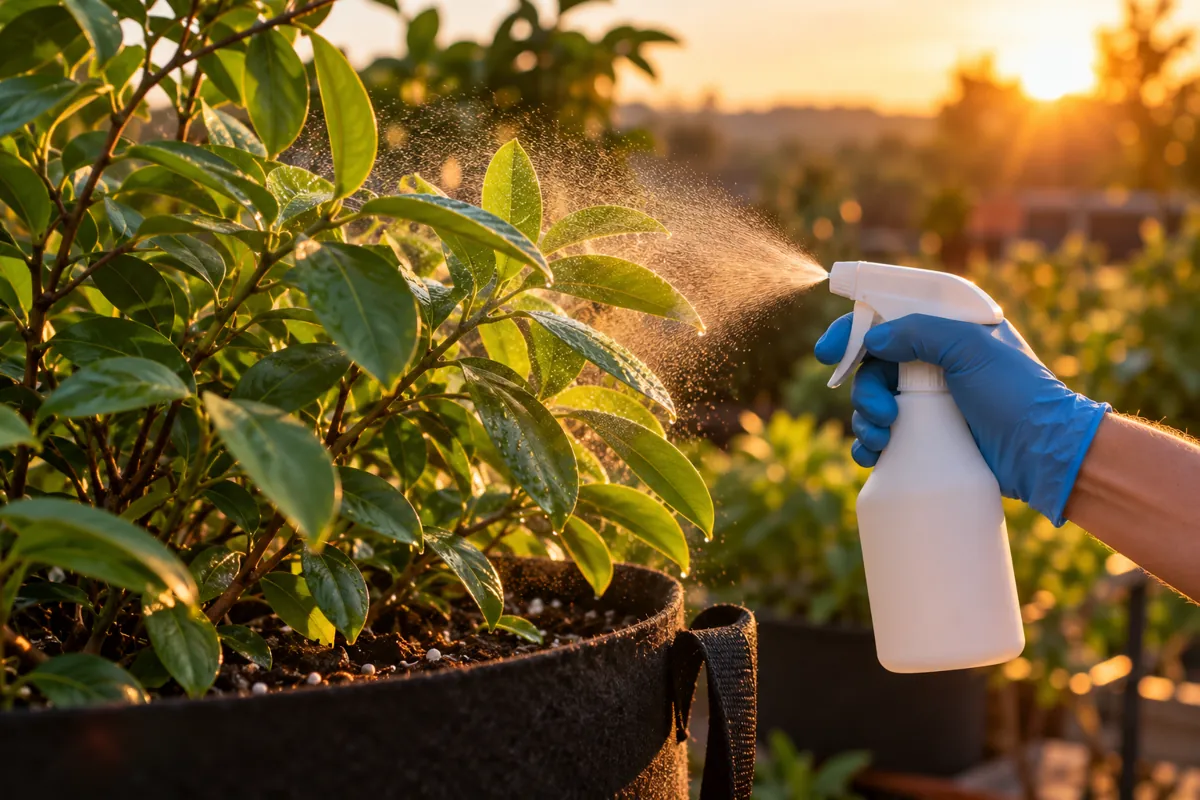 Pulverizador manual aplicando una fina neblina sobre el revés de las hojas de una planta en maceta, al atardecer