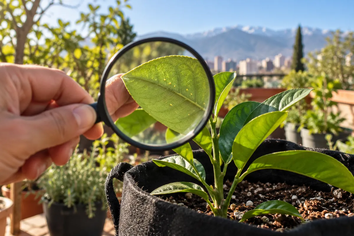 Mano con una lupa revisando el revés de una hoja en una terraza, con luz de primavera