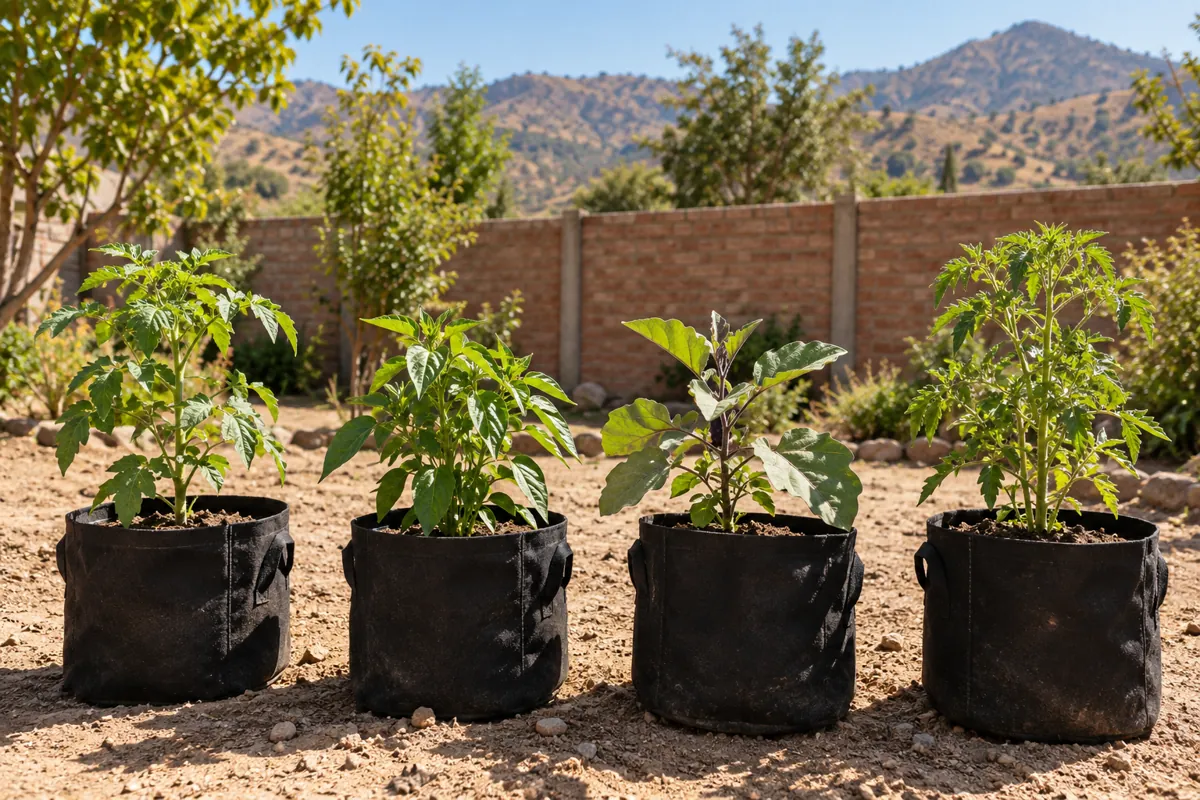Plantas jóvenes en macetas de tela al sol en un patio de la zona central de Chile