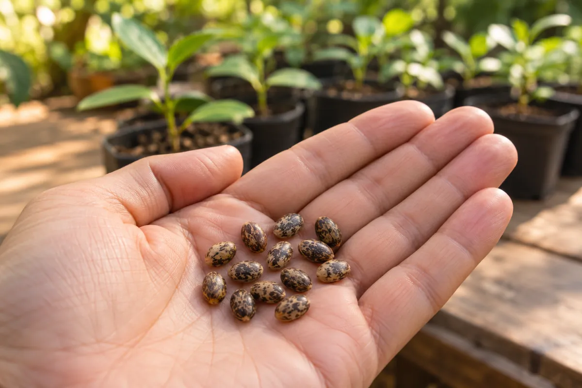 Semillas pequeñas sobre la palma de una mano junto a plantines jóvenes en macetas