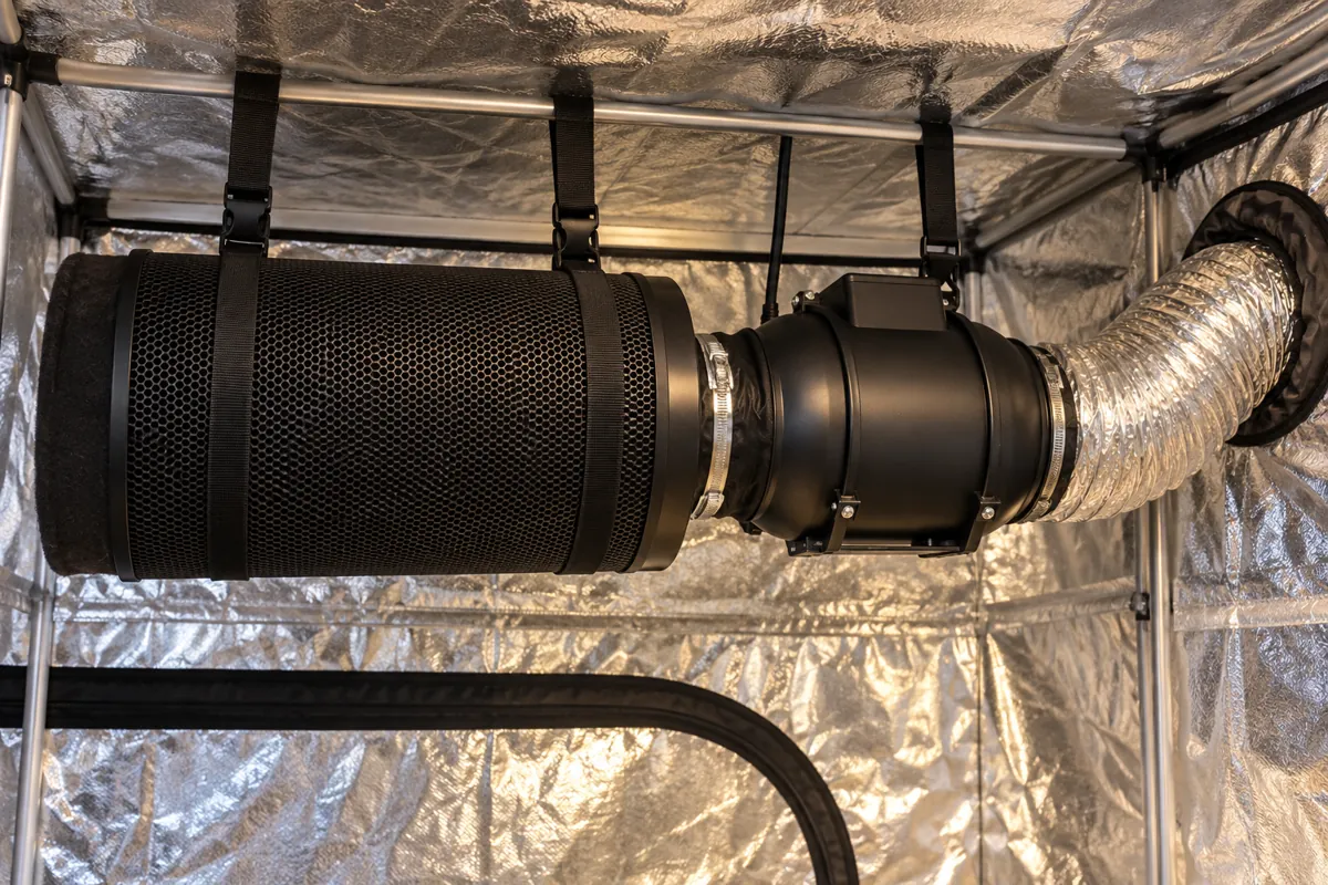 Filtro de carbón cilíndrico colgado en la parte alta de una carpa de cultivo, conectado a un extractor en línea y a un ducto de aluminio