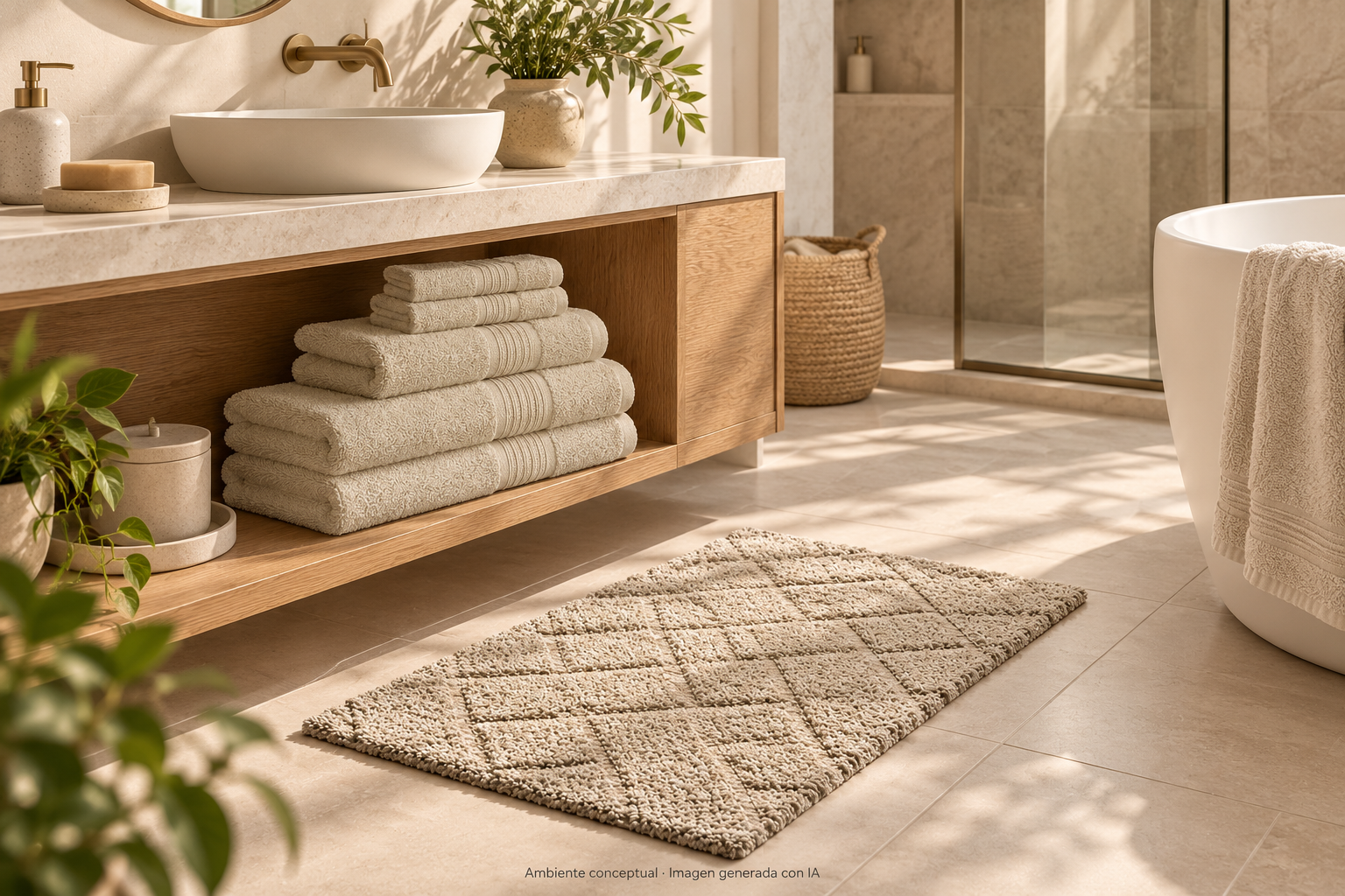 Un baño en tonos naturales — ambiente conceptual generado con IA