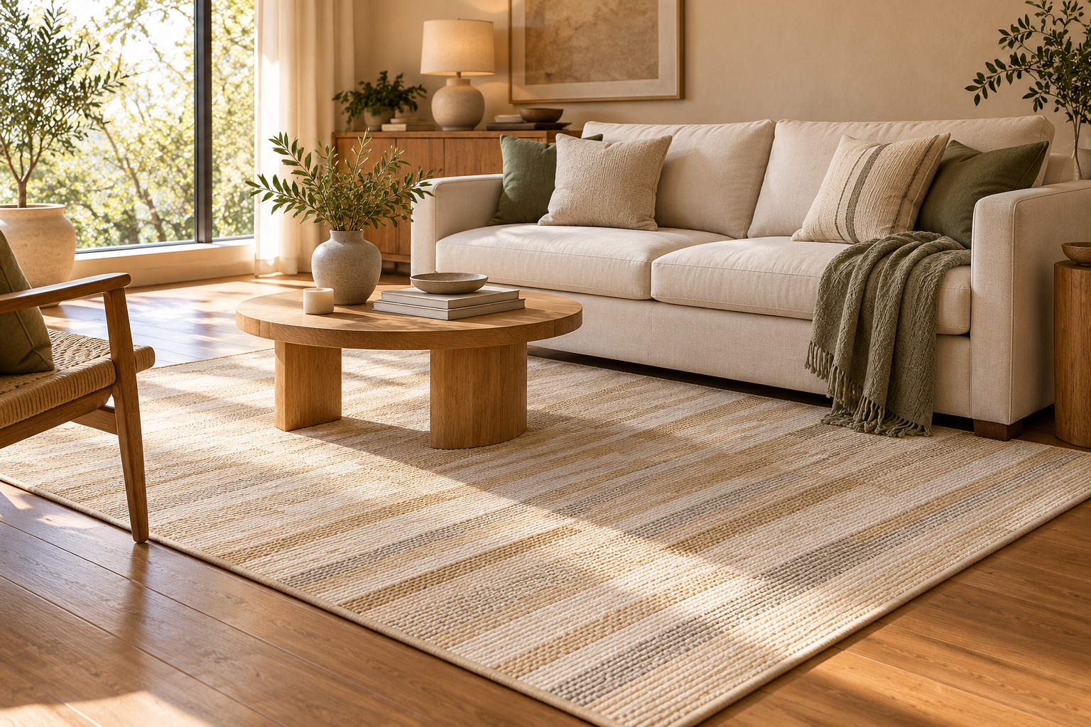 Ambiente conceptual de living en tonos naturales con alfombra arena