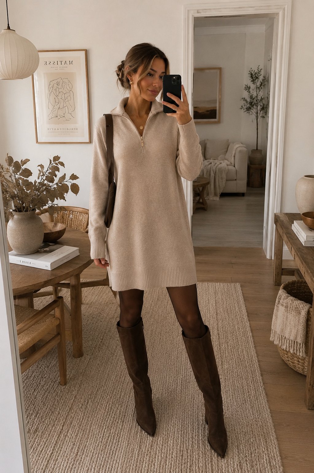 Vestido de lanilla beige con botas de gamuza cafe y medias look clasico tonal