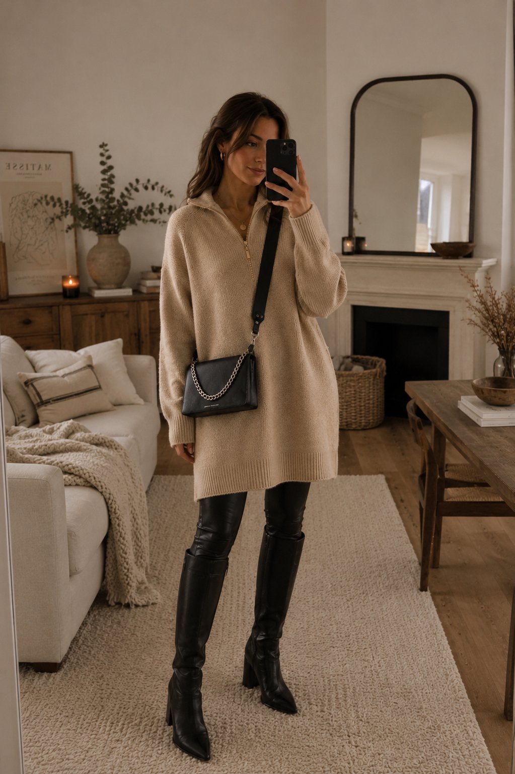 Vestido de lanilla beige con calza de eco cuero negra y botas altas look elegante