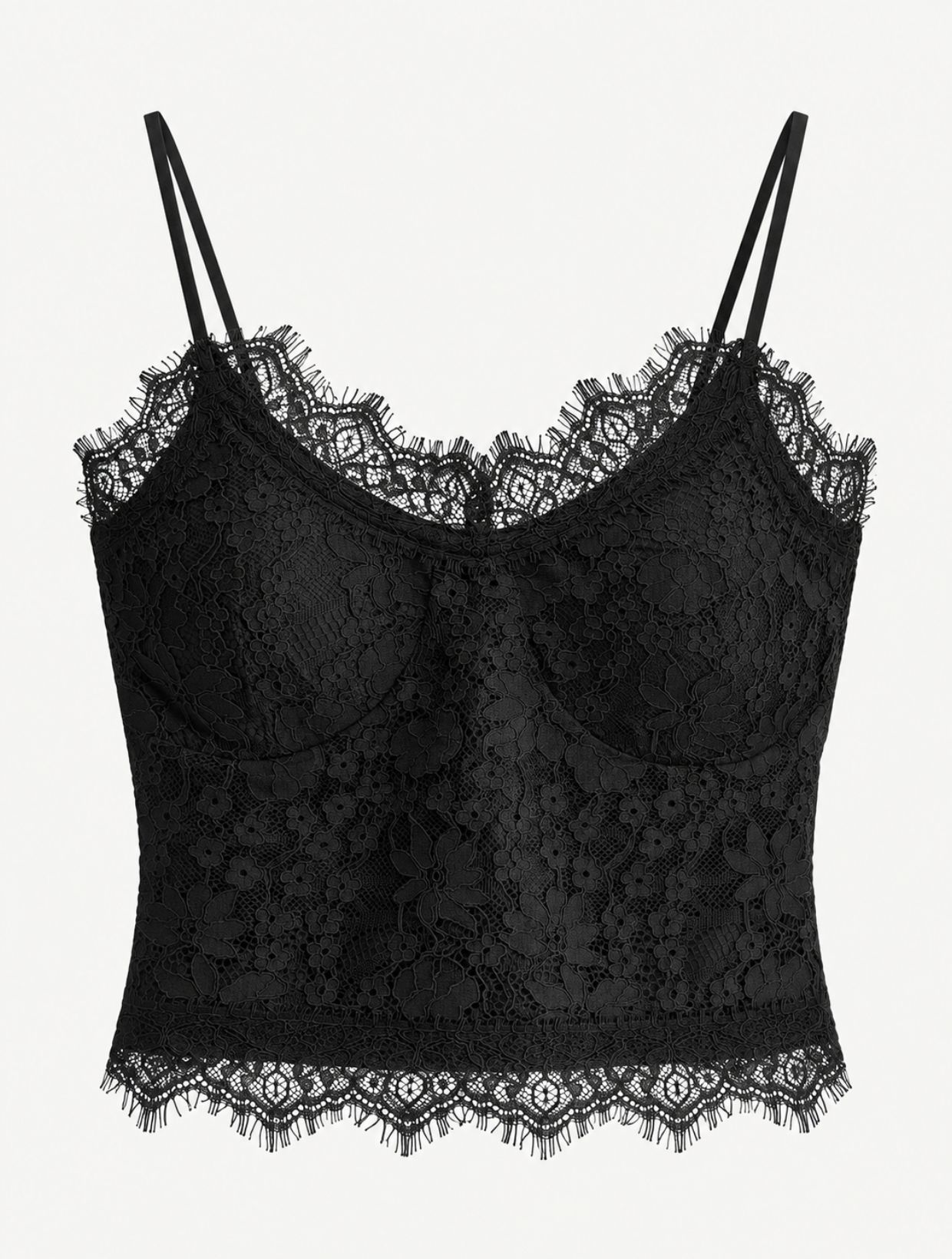 Top bustier de encaje negro tipo crochet mujer