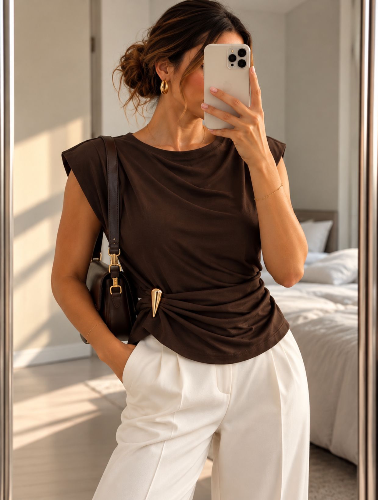 Polera café con hombreras y prendedor dorado mujer