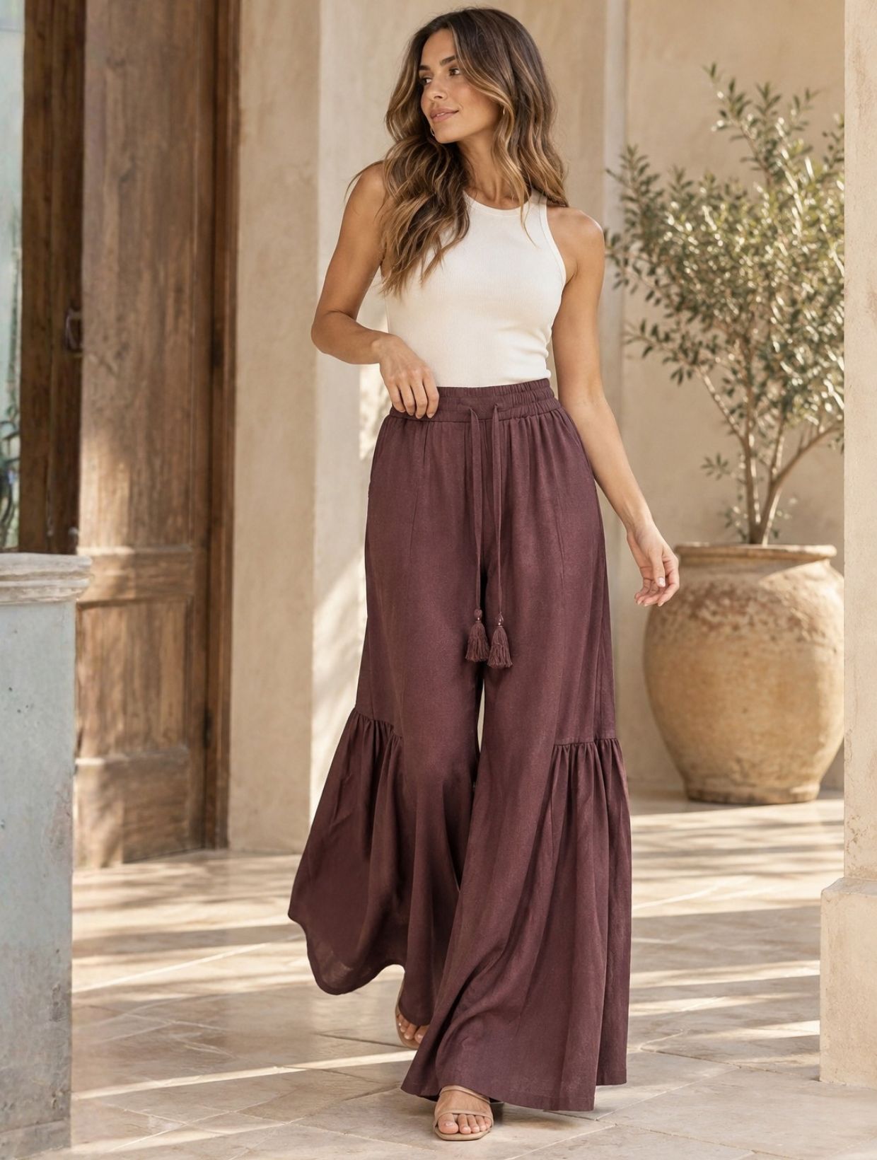 Pantalón palazzo boho de lino café mujer con fruncido