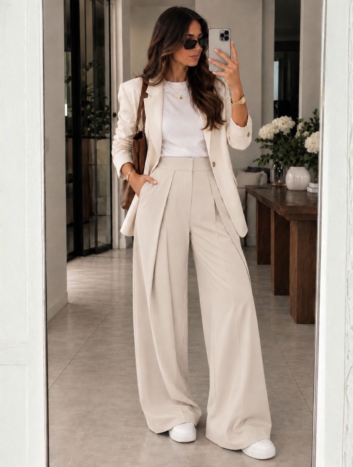 Pantalón palazzo de gabardina beige con tablas mujer tiro alto