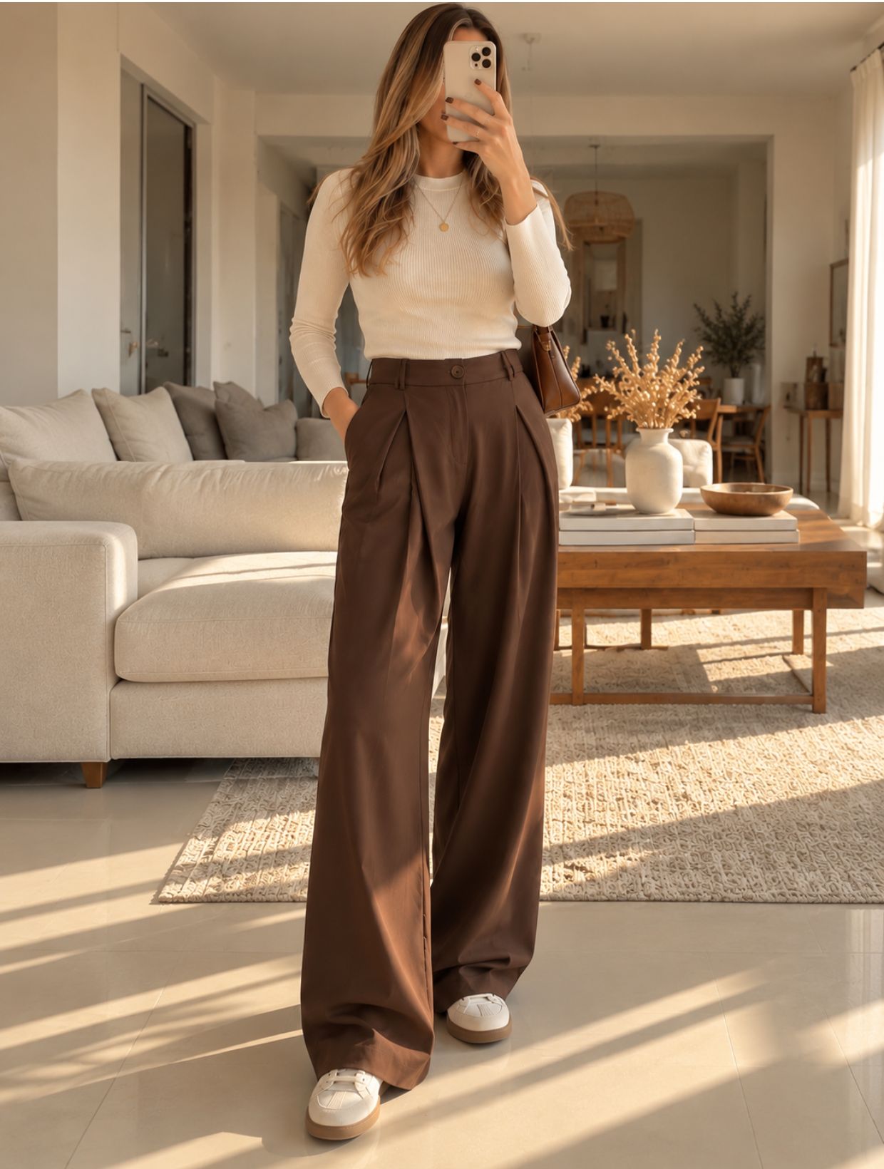 Pantalón palazzo sastrero de crepé café chocolate mujer tiro alto con pinzas