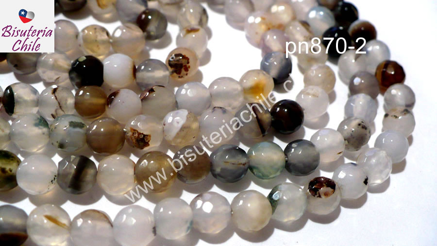 Agatas, Agata 6 mm facetada, colores blancos, grises y cafés