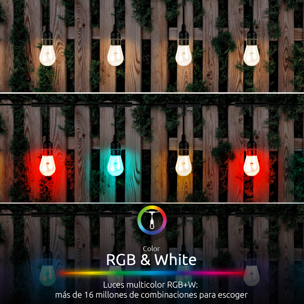 Guirnalda LED Nexxt Home con bombillas RGB y blancas en ambiente decorativo
