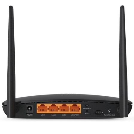 Vista posterior Archer MR402 de interior, puertos Fast Ethernet y ranura Nano SIM