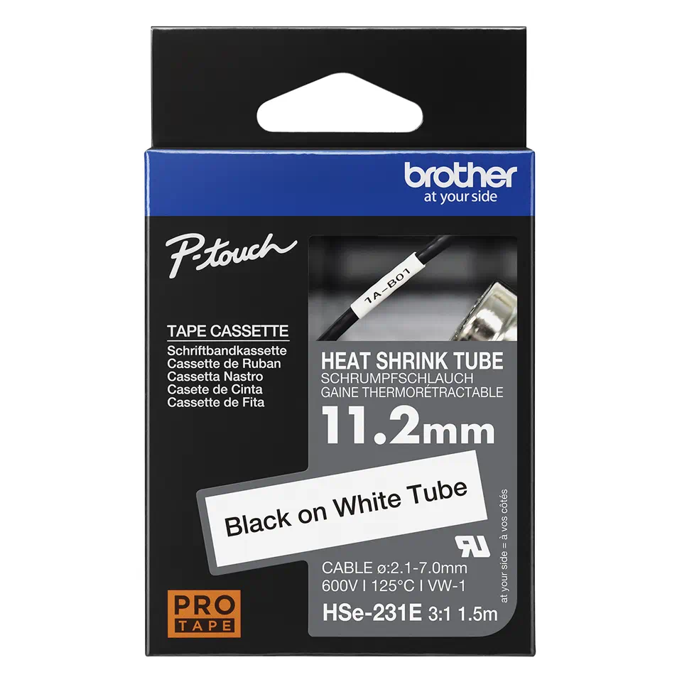 Cinta termorretráctil Brother HSE231E 11,2 mm negro sobre blanco