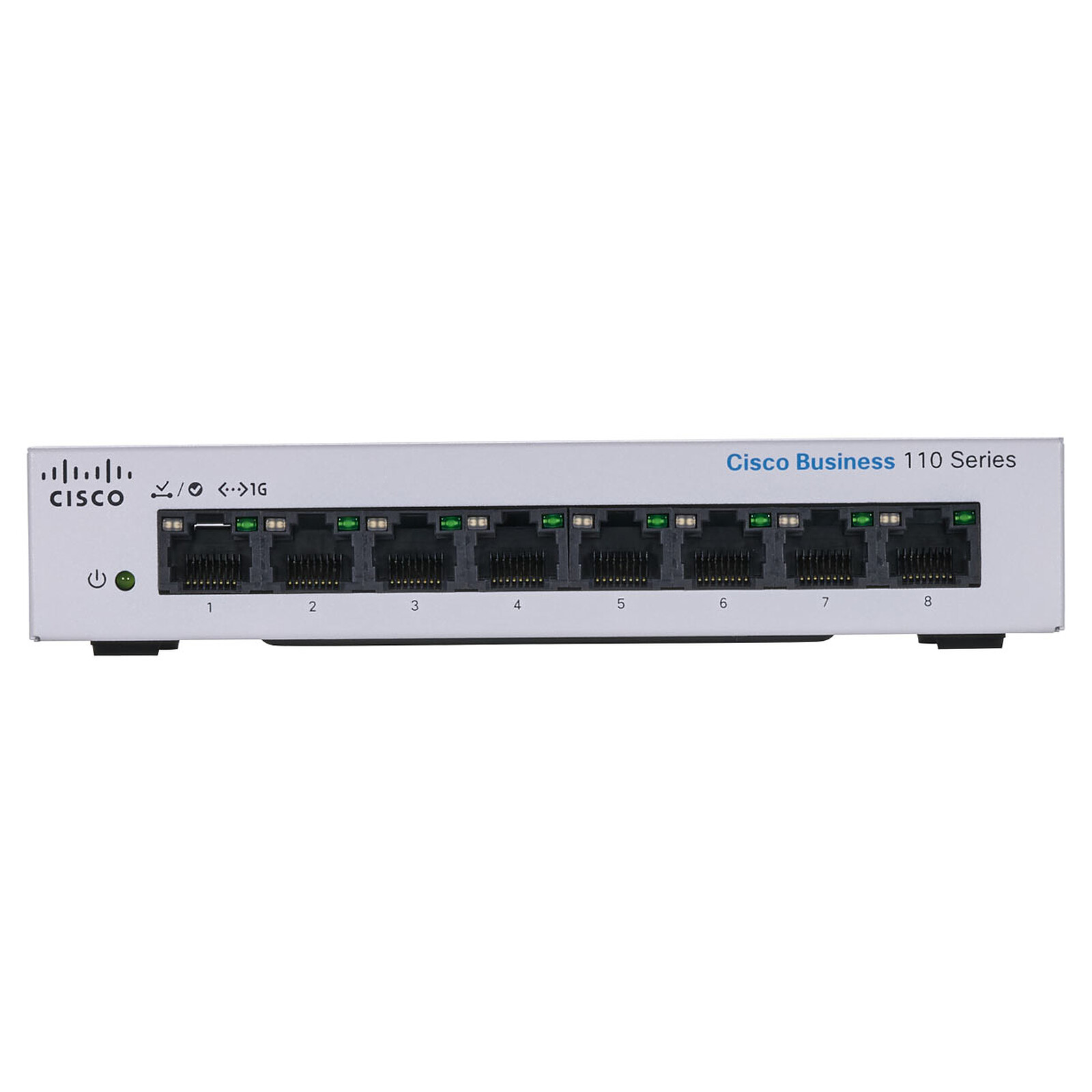 Cisco CBS110-8T-D-NA vista frontal de puertos Gigabit