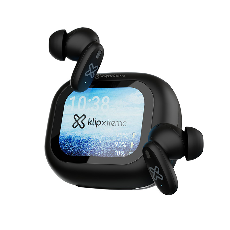 Klip Xtreme KTE-800BK DynaBuds, audífonos TWS negros con pantalla táctil