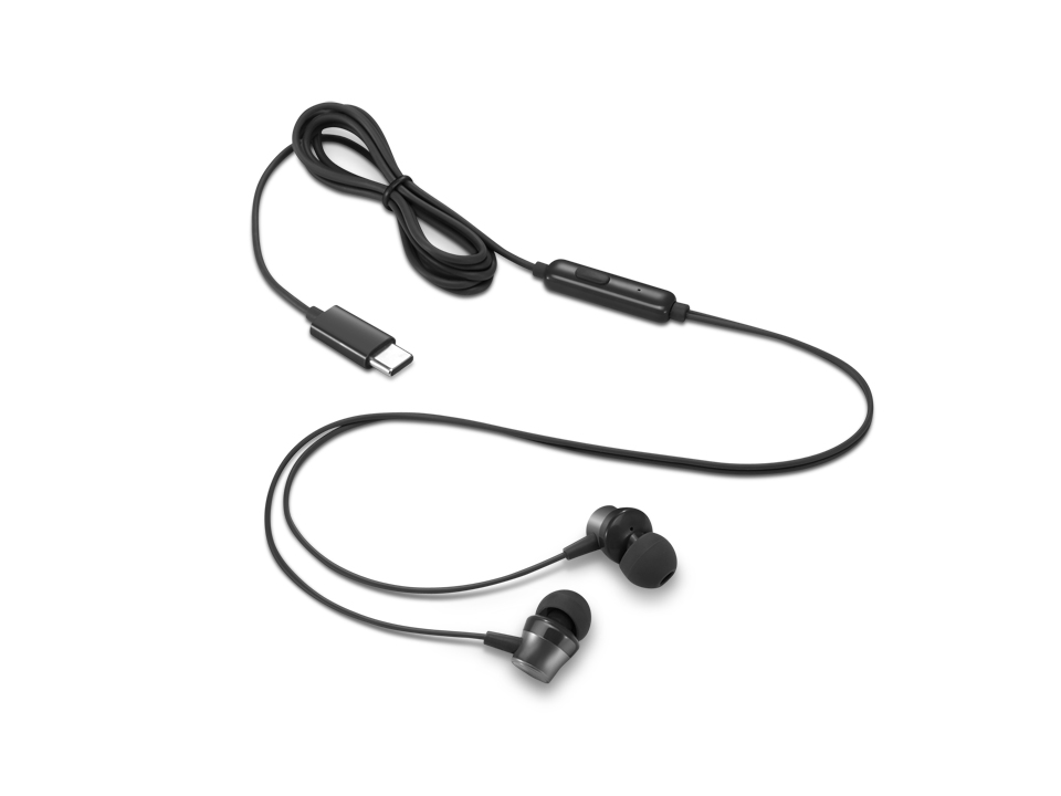 Lenovo USB-C Wired In-Ear Audífonos detalle de micrófono y conector