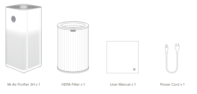 Contenido de caja Xiaomi Mi Air Purifier 3H con filtro HEPA manual y cable de poder