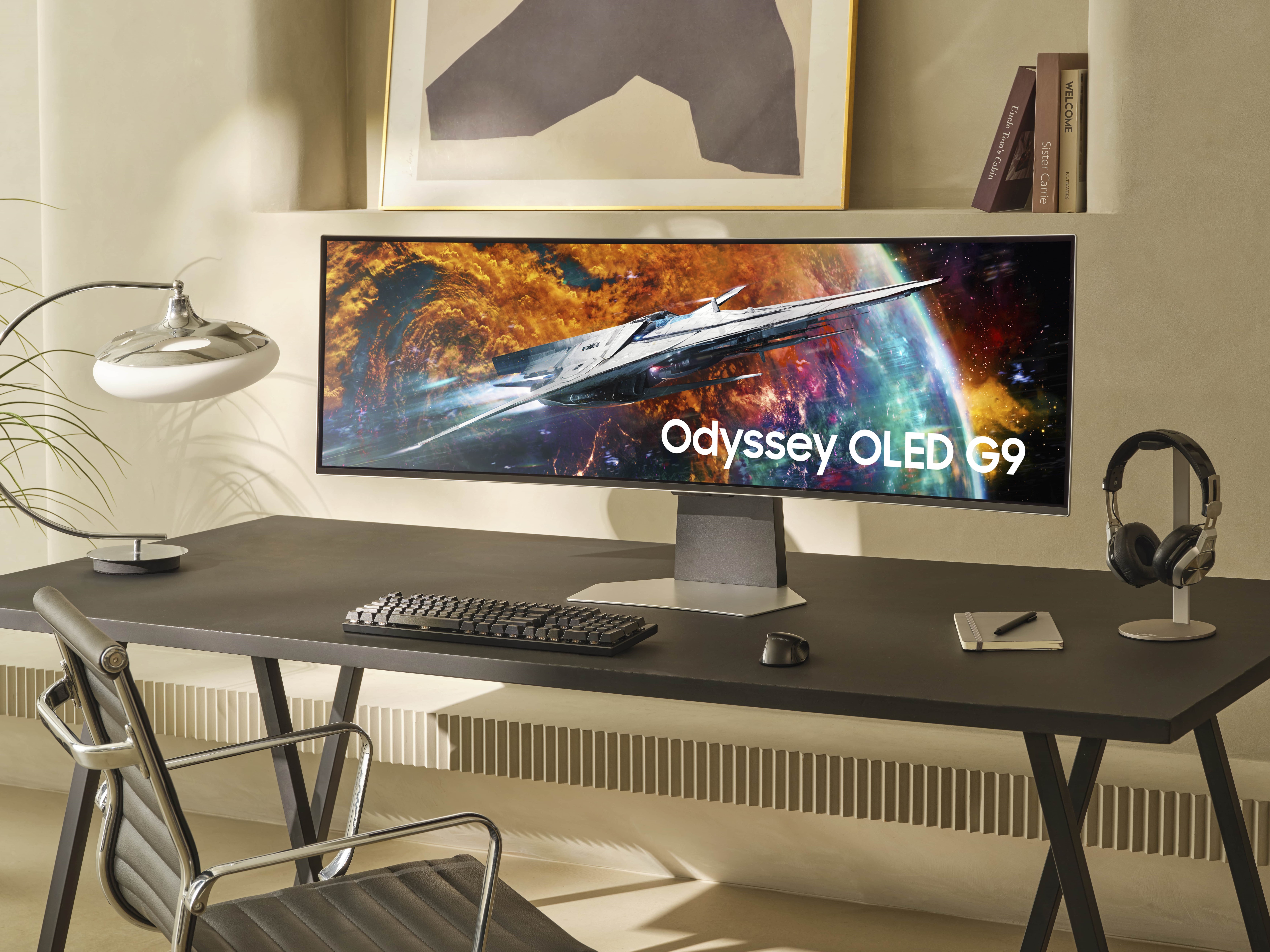 Samsung Odyssey OLED G9 G95SD setup de escritorio con monitor curvo OLED