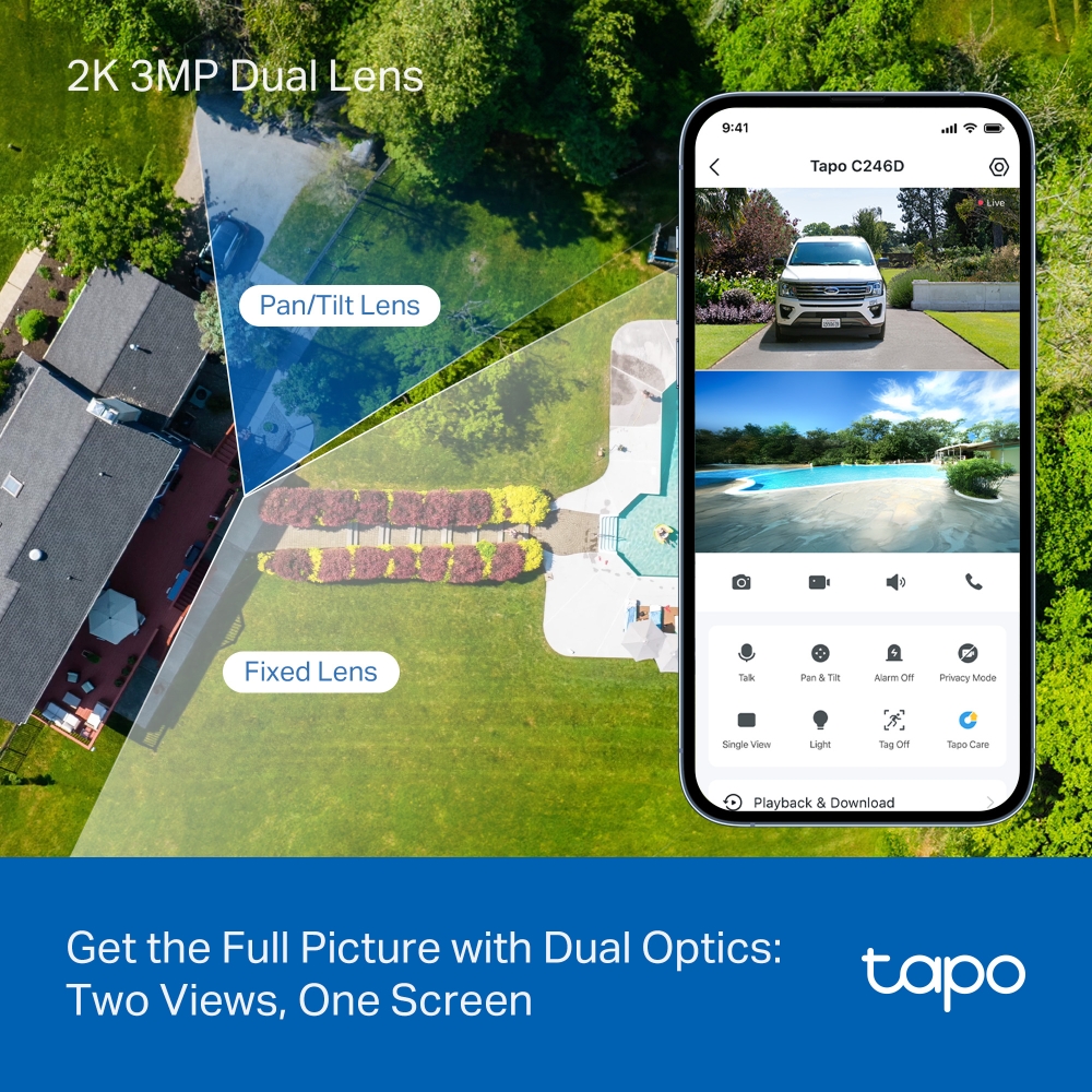 TP-Link Tapo C246D camara dual lens vista lifestyle patio y app