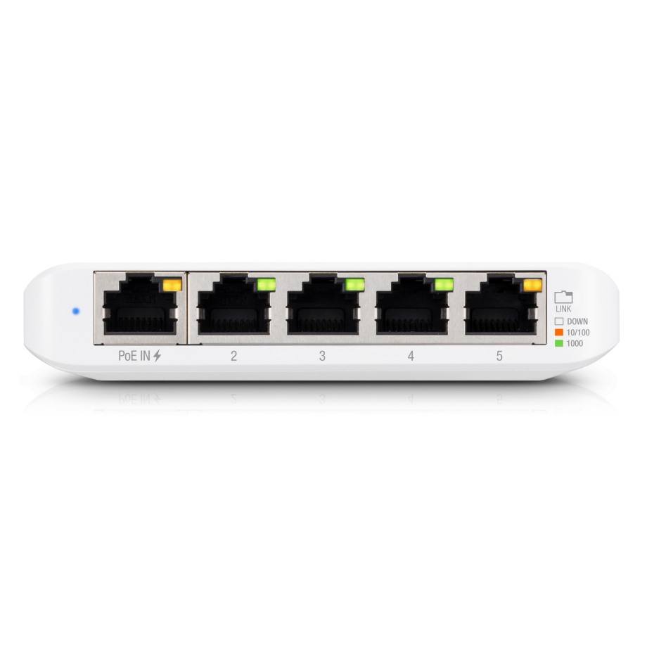 Vista frontal de los cinco puertos Gigabit del Ubiquiti USW-Flex-Mini