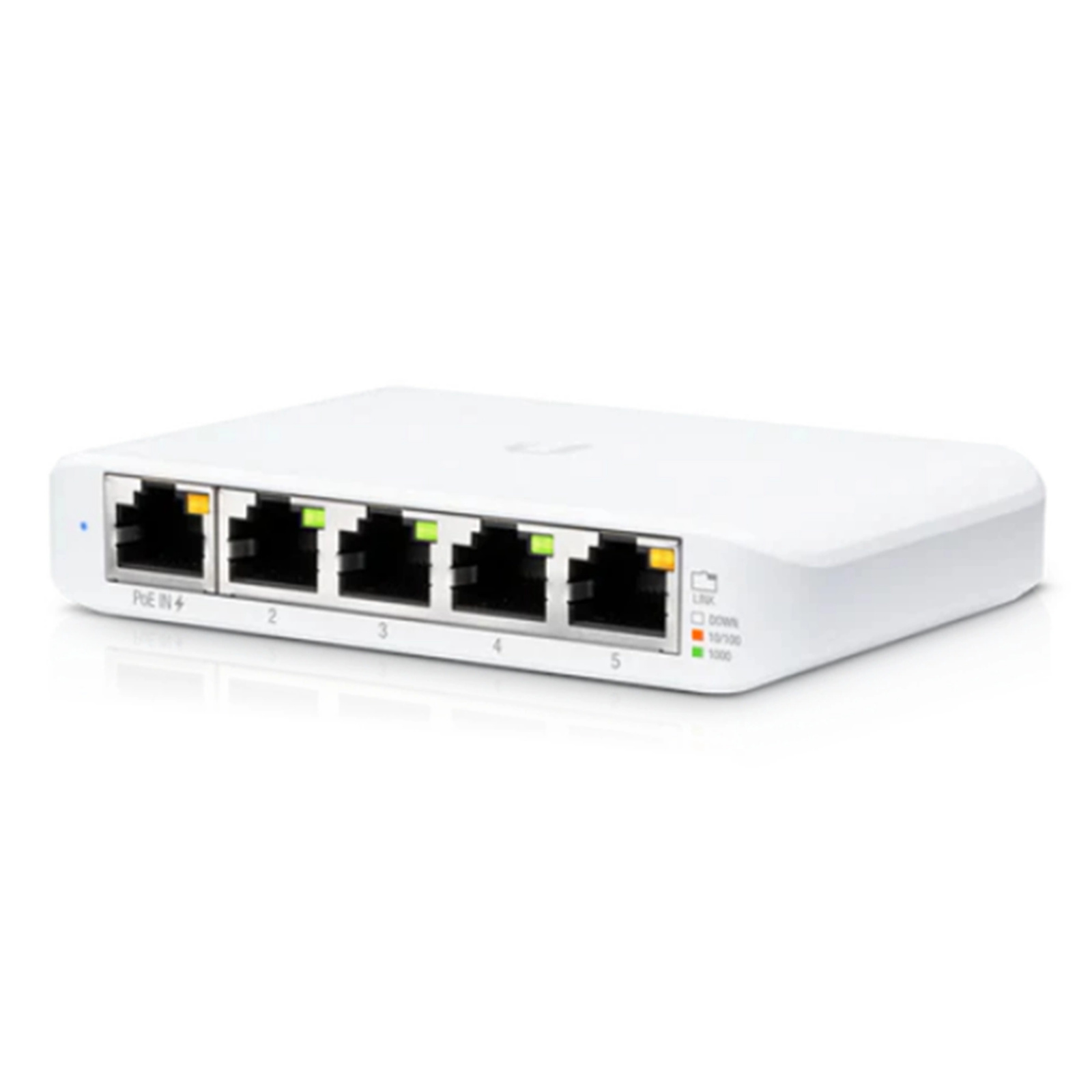 Ubiquiti UniFi USW-Flex-Mini en vista diagonal sobre fondo blanco