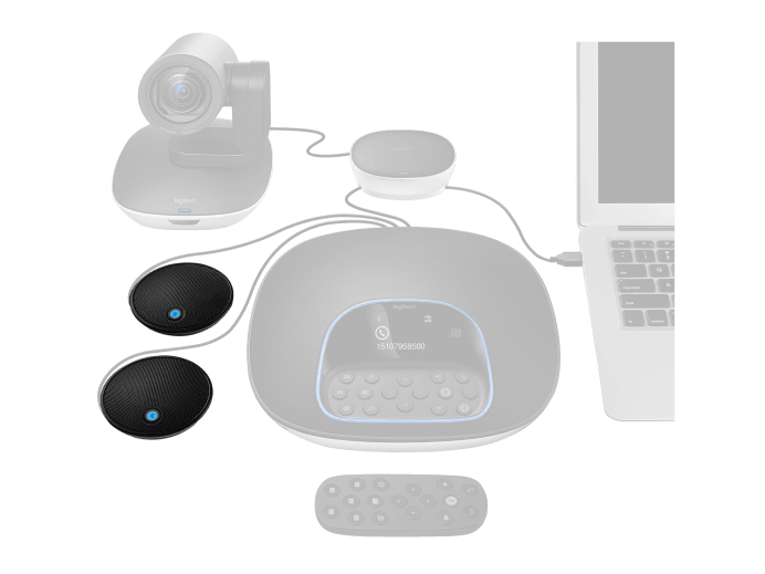 Sistema Logitech GROUP instalado con micrófonos de expansión