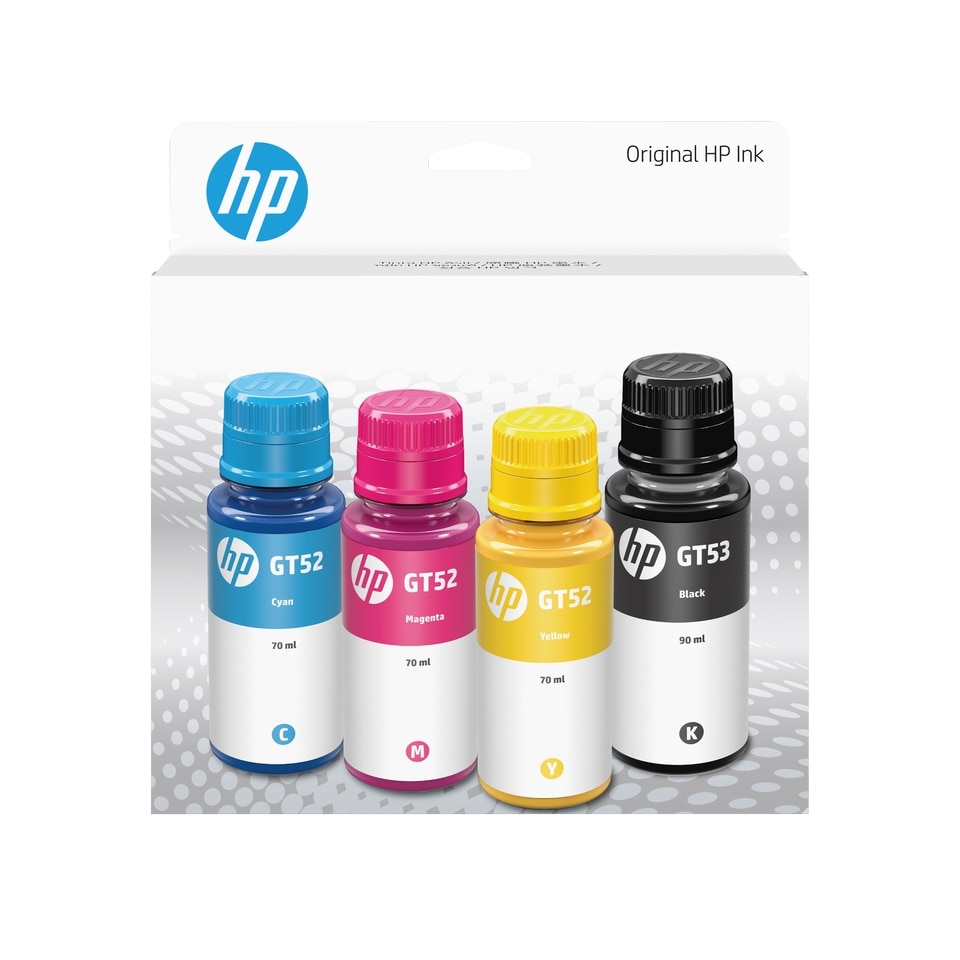 Pack HP GT53 GT52 con botellas de tinta negra, cian, magenta y amarilla