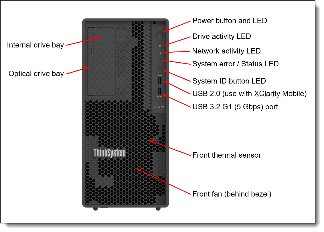 Vista frontal del Lenovo ThinkSystem ST50 V3