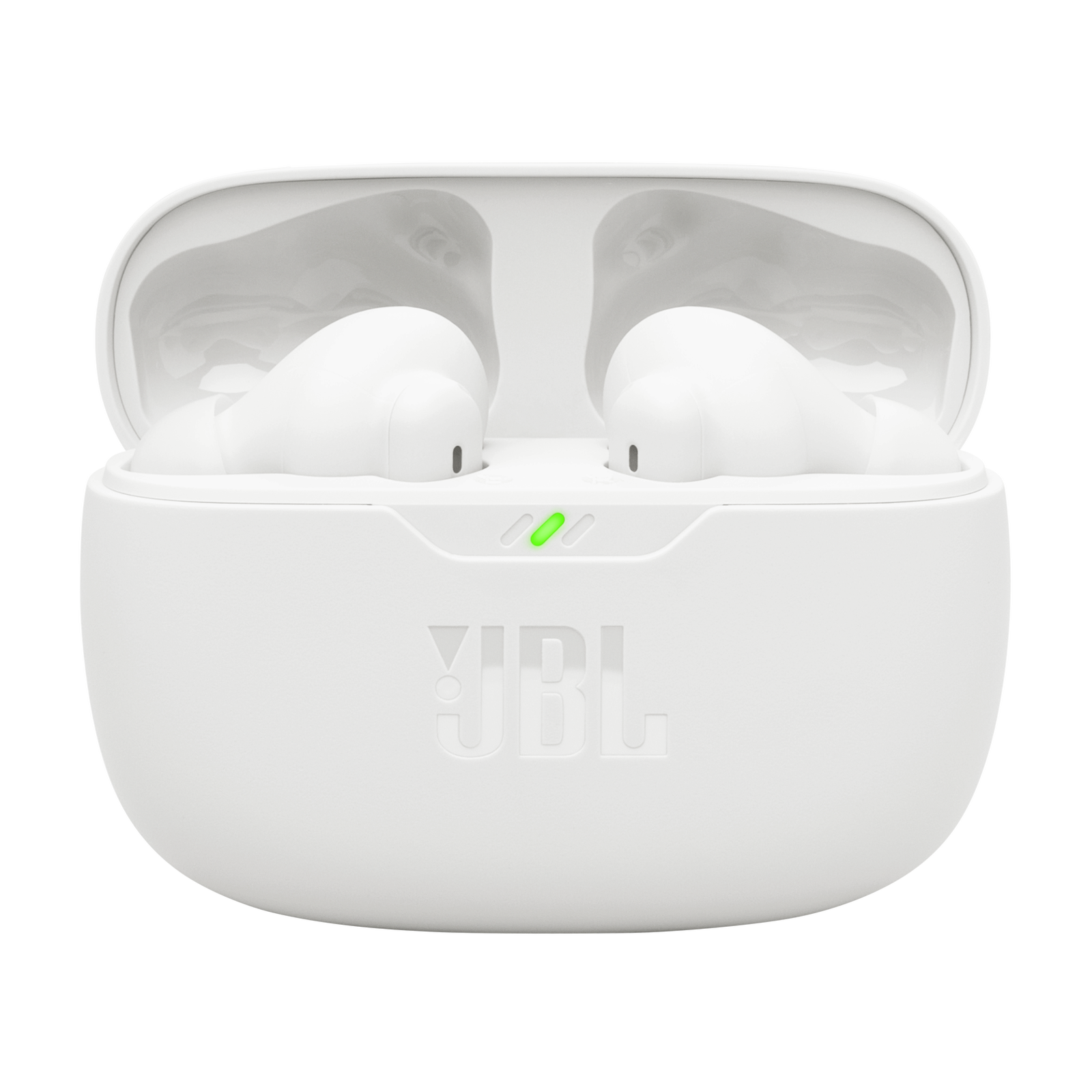 Estuche abierto de los JBL Wave Beam 2 blancos