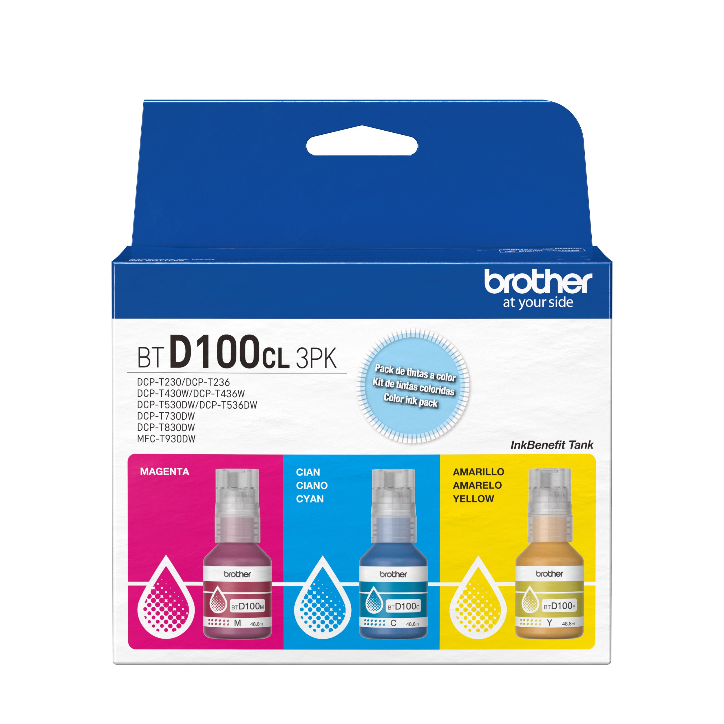 Pack Brother BTD100CL3PK con botellas de tinta cian magenta y amarilla
