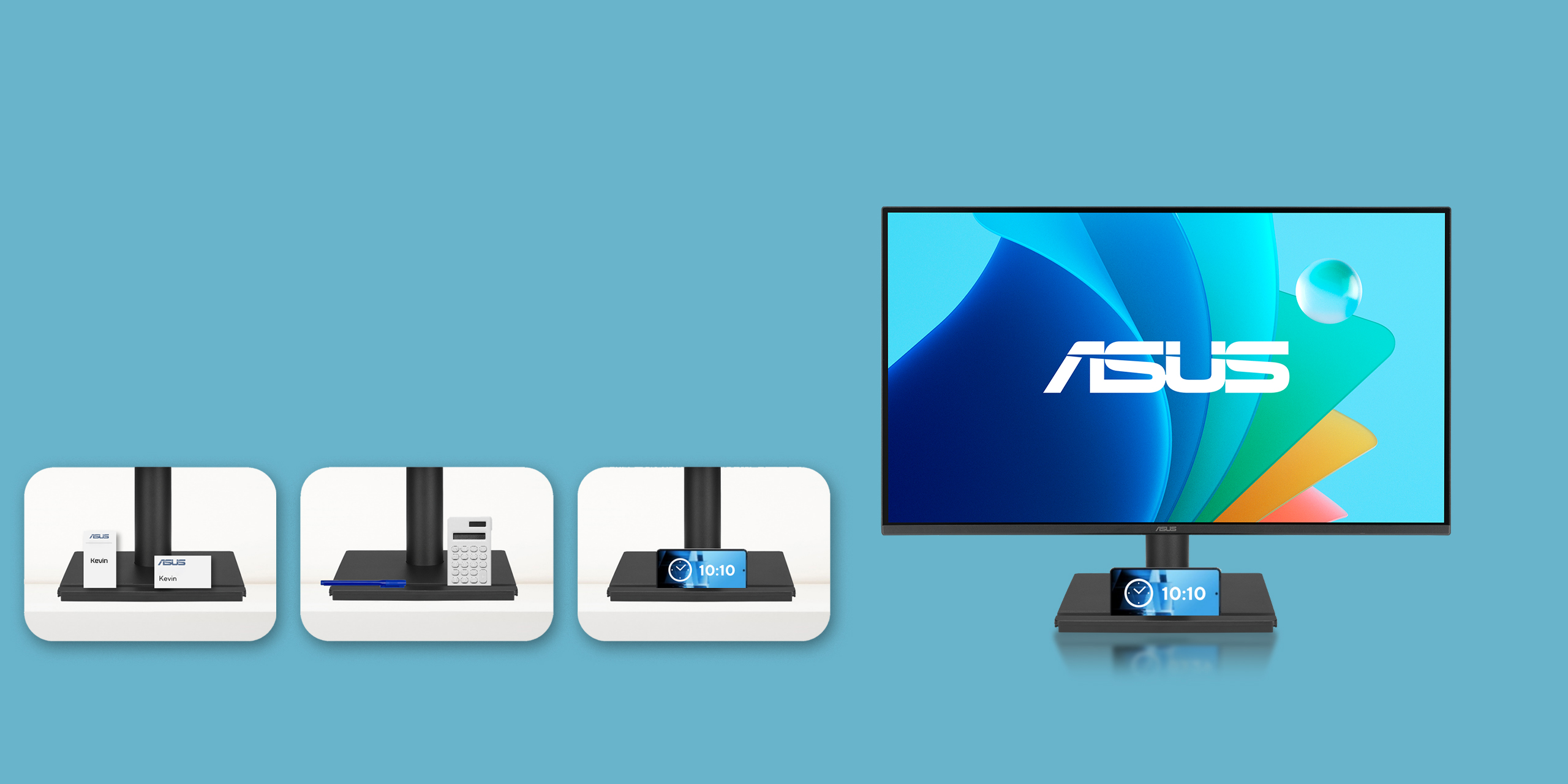 Base del monitor ASUS con espacio para teléfono y objetos pequeños