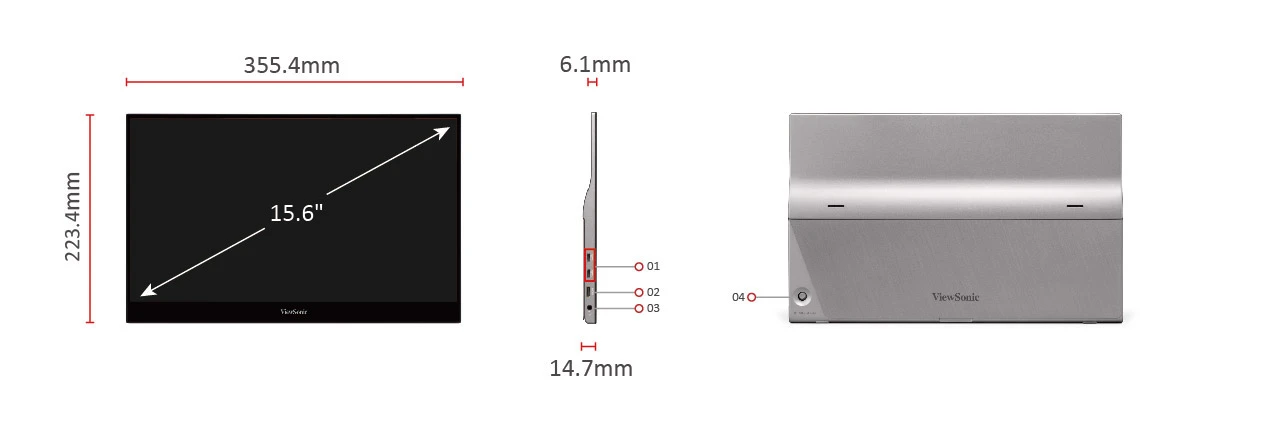 ViewSonic TD1655 diagrama de puertos y dimensiones