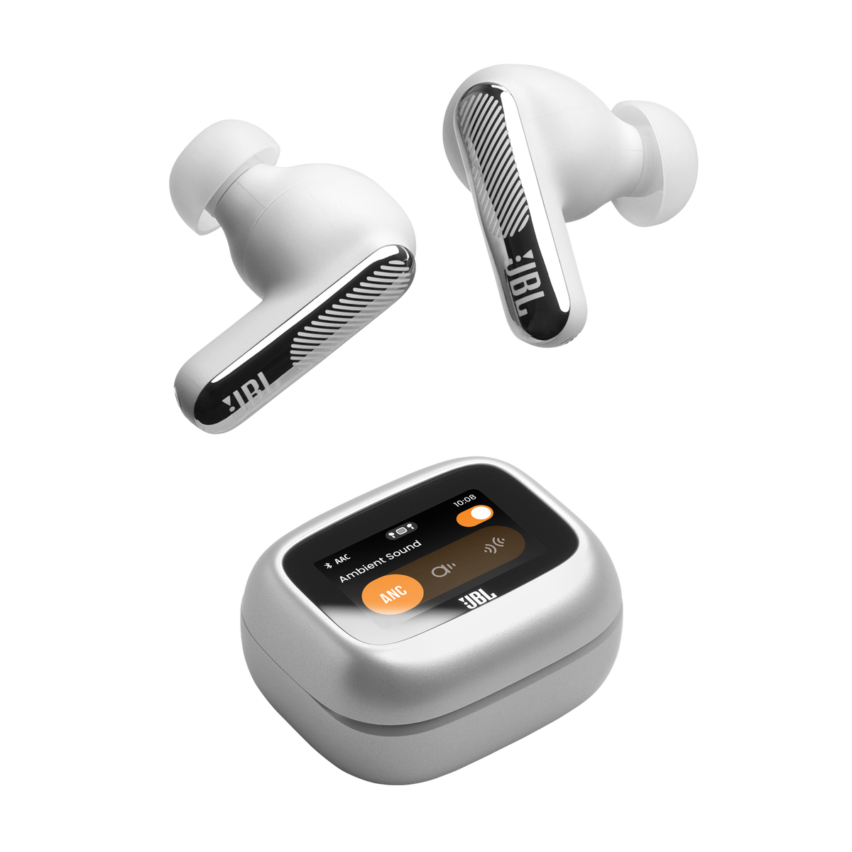 JBL Live Beam 4 plata con audífonos y Smart Charging Case
